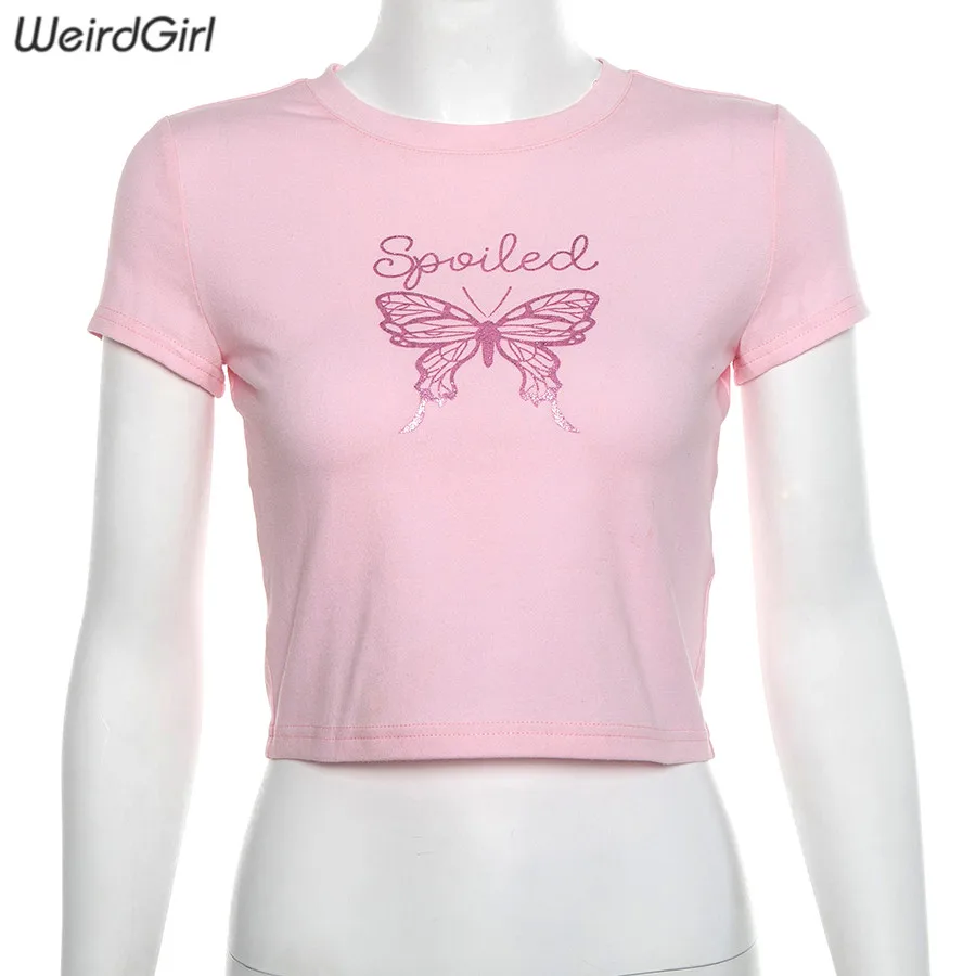 Weirdgirl Женские повседневные модные футболки с принтом бабочки и круглым вырезом с коротким рукавом Розовые растягивающиеся женские футболки новые летние женские топы