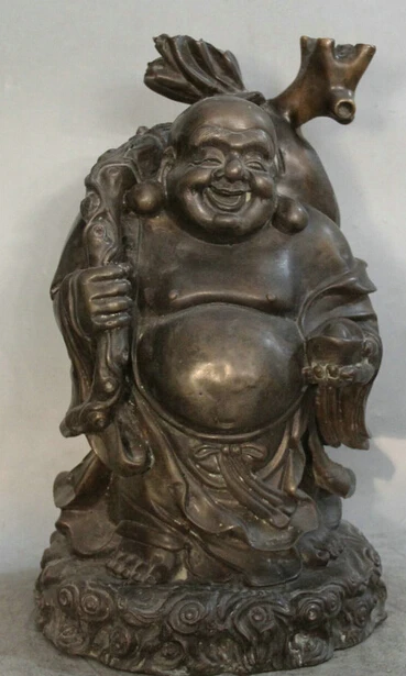 

JP S0524 8" Chinese Bronze cucurbit Stand moneybag Happy Laugh Maitreya Buddha Statue