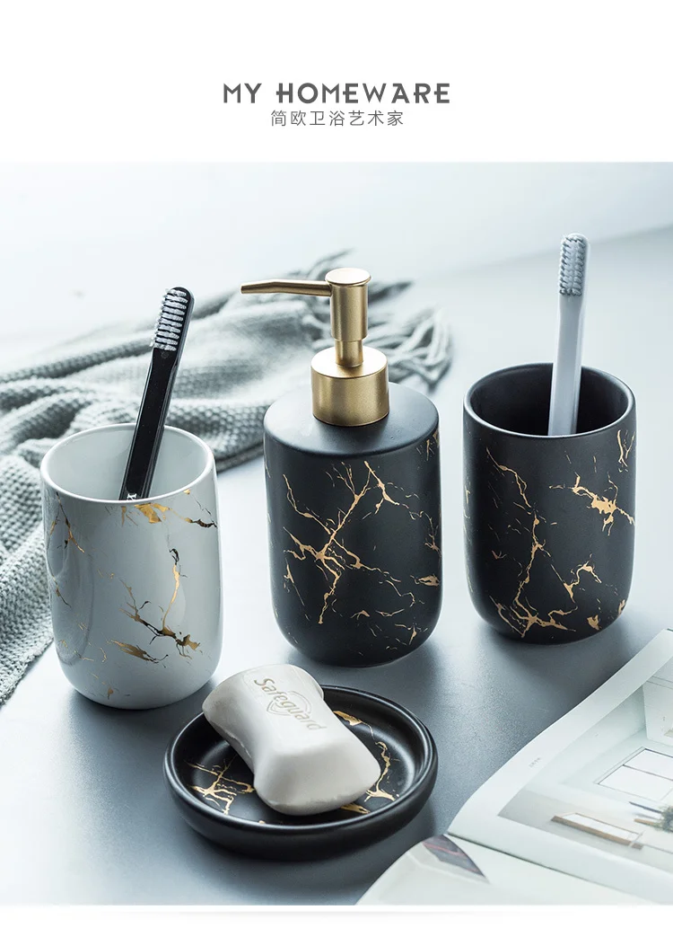 Nordic luxury marbled ceramic bathroom five-piece creative toothbrush mouth mug wedding gift wash set