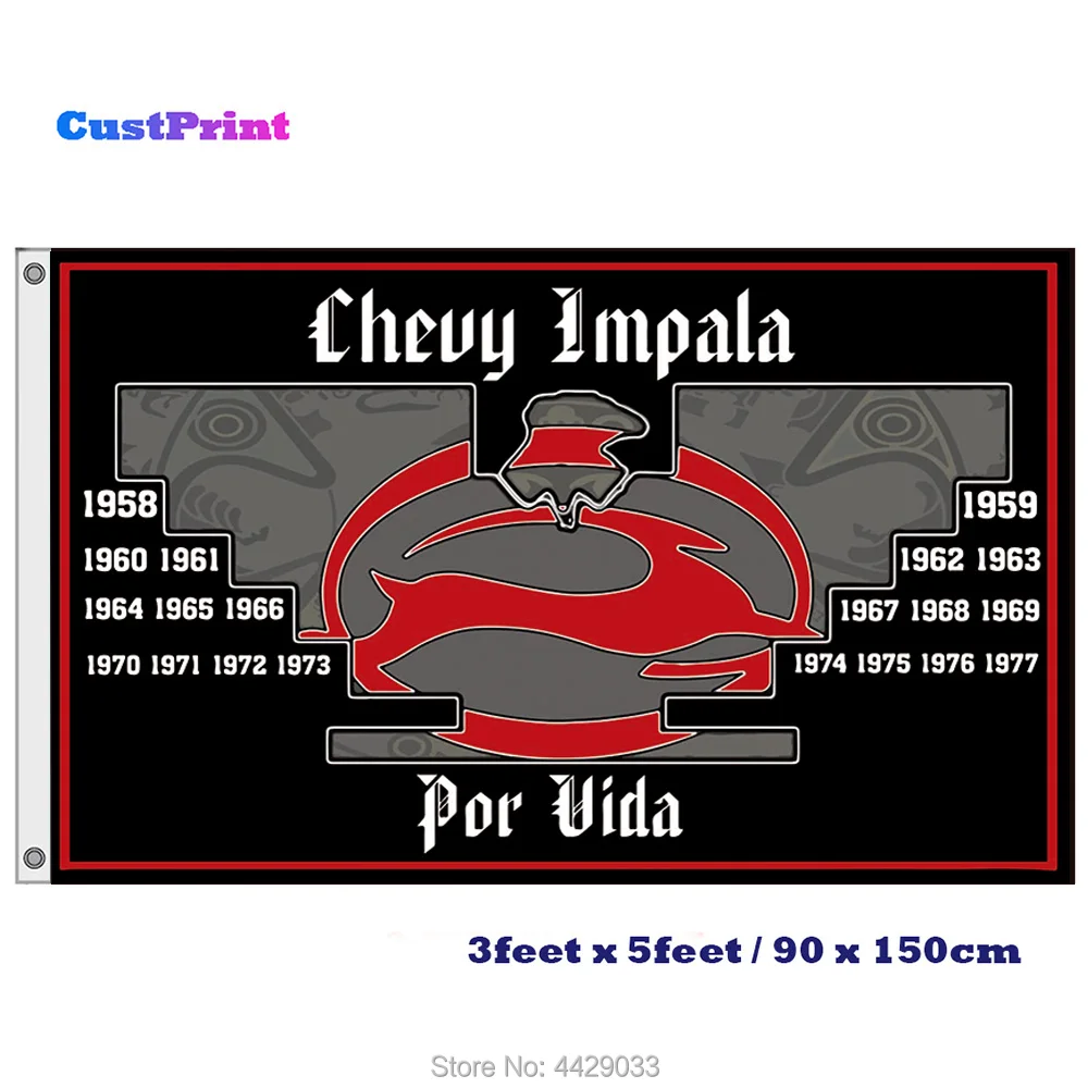 

Chevy Impala Flag 3Ft x 5Ft 100% Polyester Flags w/ 2 Nickel Grommets Double Stitched Banner