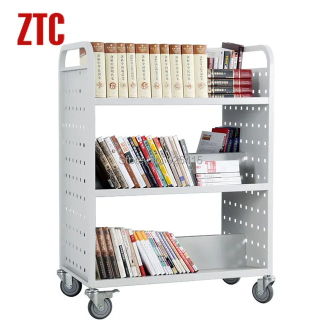 Library bookshelf with wheels,three shelf office archives trolley
