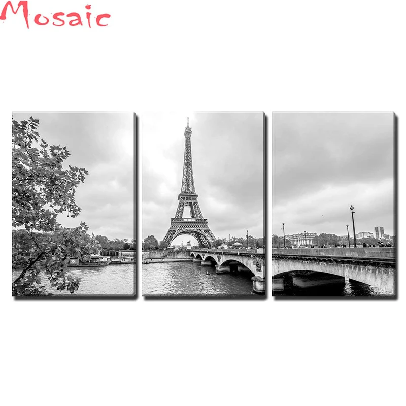 diamond painting cross stitch kits&quot3 Piece3 Piece&quotParis Tower from Seine Cityscape in black and white&quotmosaic Diamond Embroidery | Дом