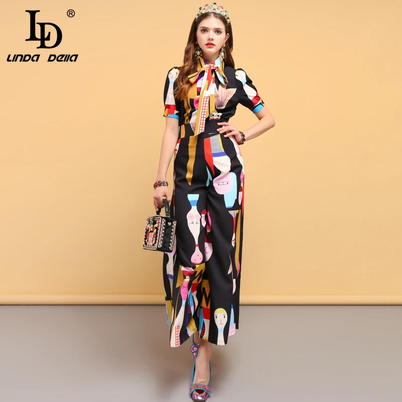 

LD LINDA DELLA Spring Fashion Designer Suits Women's Bow Tie Shirt+Character Printed Elegant Vintage Long Pants Two Pieces Set