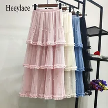 Хорошее качество летняя многослойная длинная юбка, одноцветная плиссированная Женская Макси юбка, элегантная женская кружевная юбка с высокой талией в Корейском стиле
