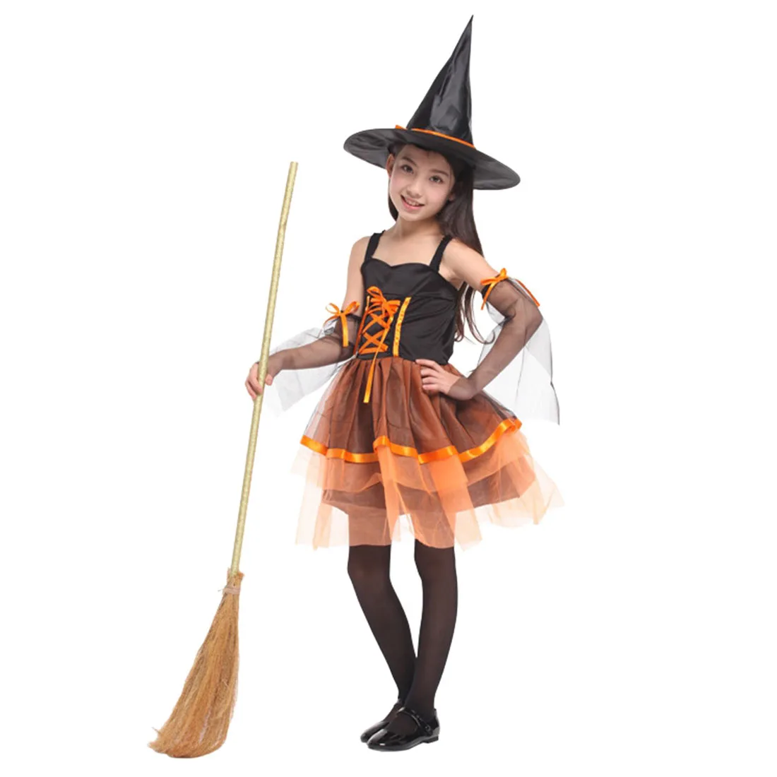 Детские вечерние Хэллоуин ведьма костюм косплей ролевые игры цельное платье Мультяшные шляпы комплект без метлы-оранжевый + черный L