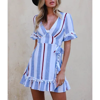 

Bohemian Striped Wrap Dress Women Ruffles Tie Waist Sundress Nice Vogue Fashion Sexy V Neck Dress Boho Chic Stripes Dresses