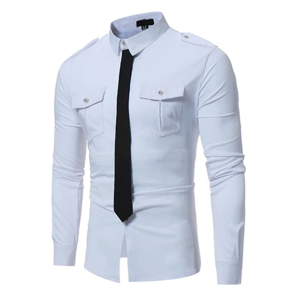 Tie Decors Male Shirt Men Party Wear Double Pocket Blouse High Quality