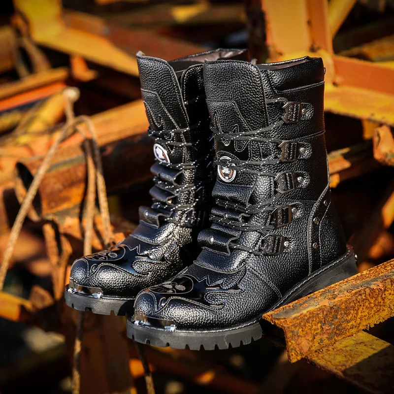 Günstig Armee Stiefel Männer Military Stiefel 2019 Leder Winter Schwarz cowboy schnee Metall Gothic Punk Stiefel Männlichen Schuhe Motorrad Martin stiefel