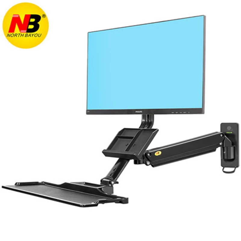 MB32 Aluminum Wall Mount Sit Stand Workstation 19-27 inch Monitor Holder  Gas Strut Arm with keyboard Tray Rotate LCD Bracket
