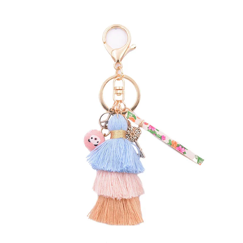 WELLMORE BOHEMIA leather,Cloth ball,key,long tassel colorful alloy Key Chain For Women Girl Bag Keychain wholesale jewelry