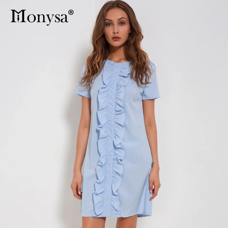 

Women Casual Dress Summer 2019 New Arrivals Fashion Short Sleeve Ruffles A-Line Dresses Ladies Chiffon Dress Blue Women Clothing