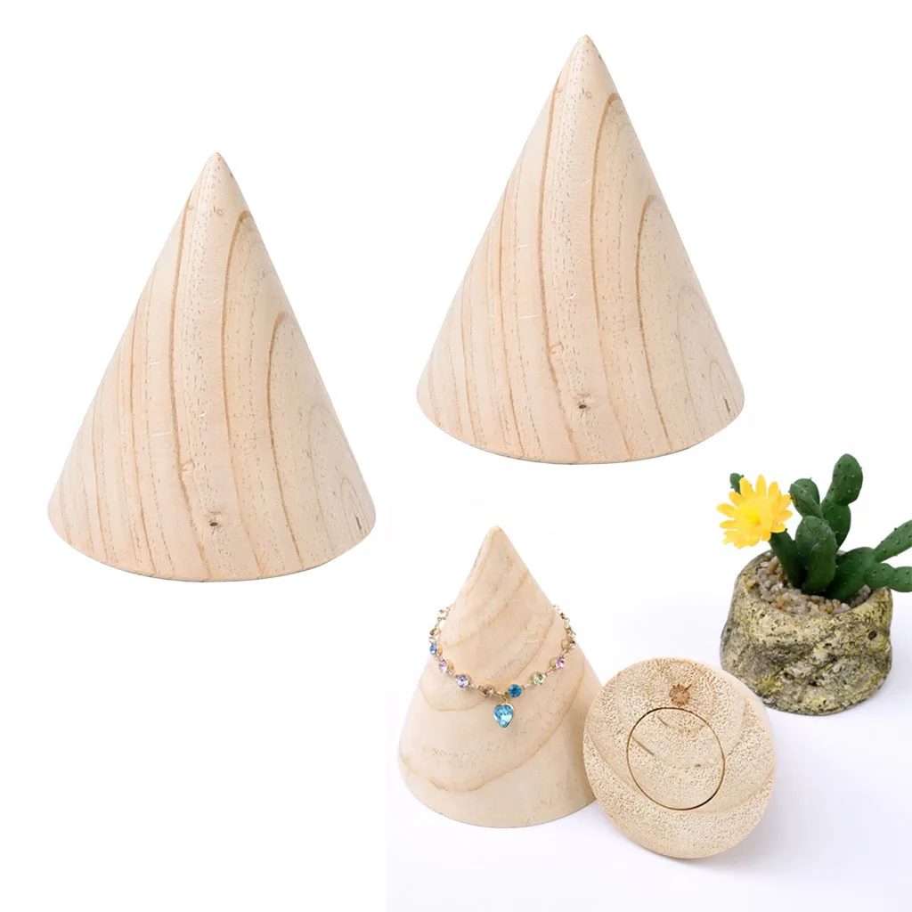 2Pcs Unpainted Cone Shape Wooden Bangle Jewelry Display Bracelet Stand