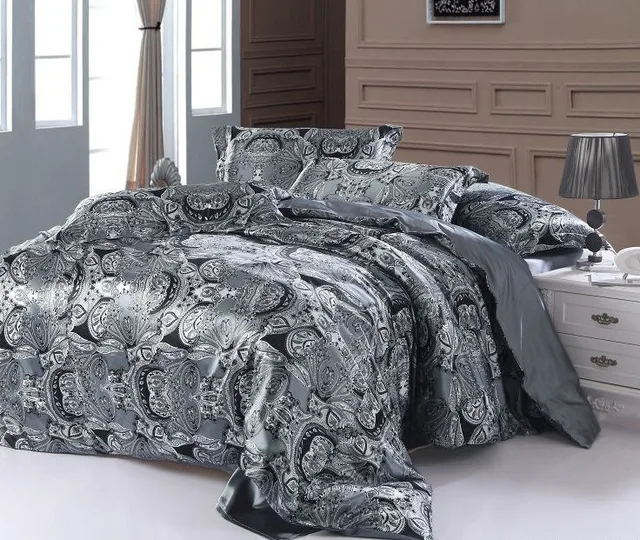 Paisley bedding set super king size queen double Silver grey satin quilt duvet cover fitted bed