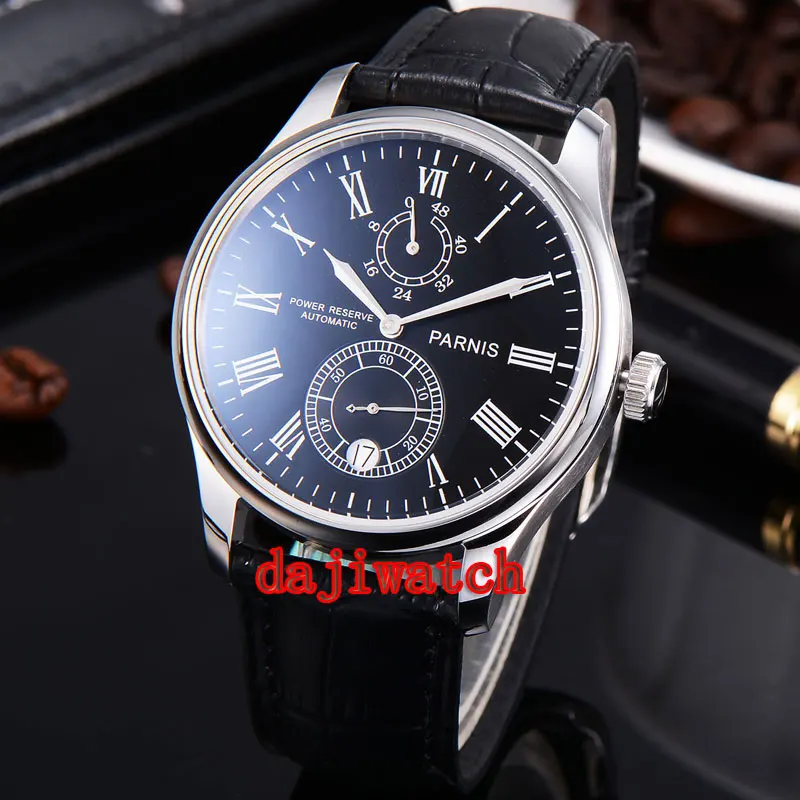

43mm Parnis Mechanical Power Reserve Leather Date Automatic mechanical Mens Wrist Watch