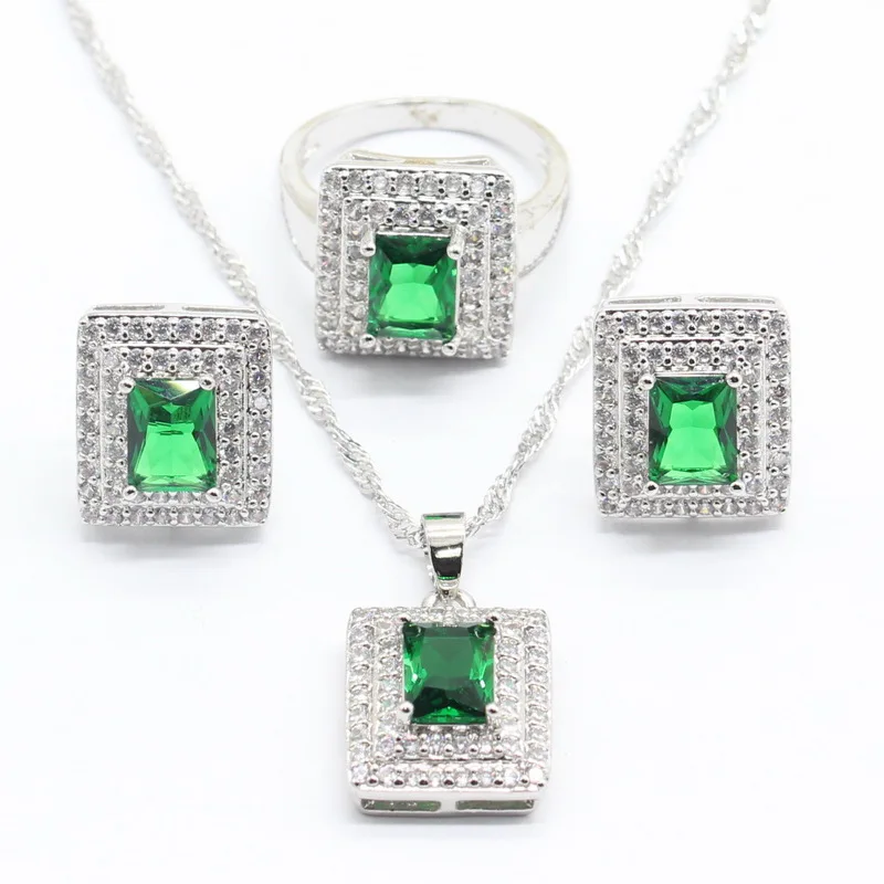 

2018 New Design Women Silver Jewelry Sets Red Green Blue Black Zirocnia Women Necklace Pendant Stud Earrings Rings Gift Box