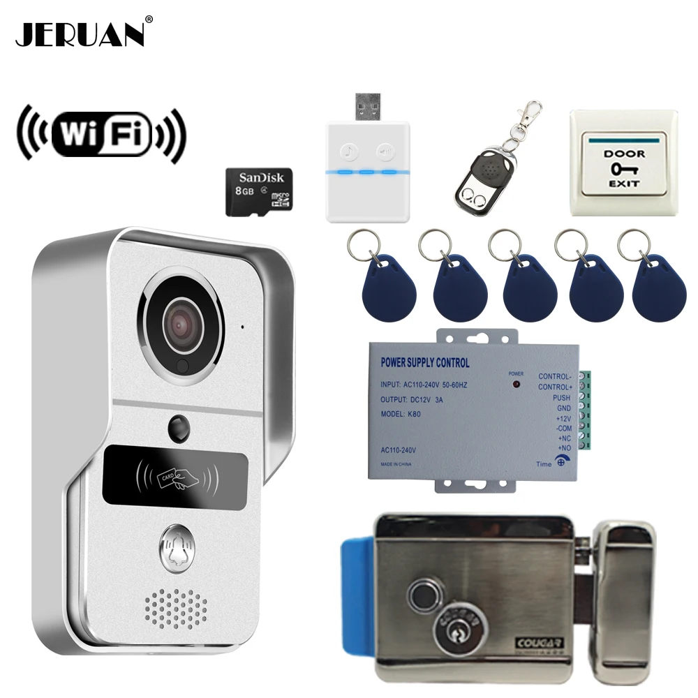 

JERUAN 720P Silver WiFi Video Door phone Intercom kit Wireless Record Doorbell For Smartphone Remote View Unlock Electronic lock