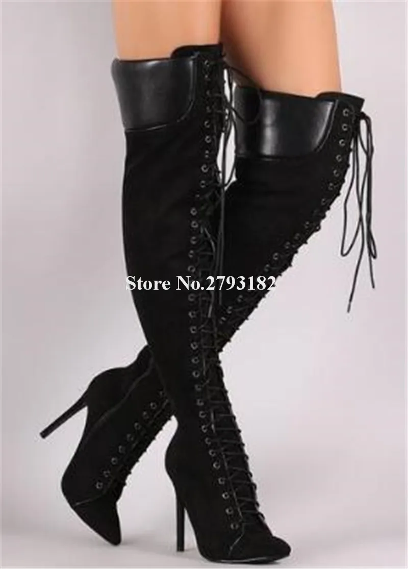 Новые женские зимние сапоги-гладиаторы выше колена с острым носком из замши на тонком каблуке высокие сапоги на шнуровке на высоком каблуке... Новые женские зимние сапоги-гладиаторы выше колена с острым носком из замши на тонком каблуке высокие сапоги на шнуровке на высоком каблуке...