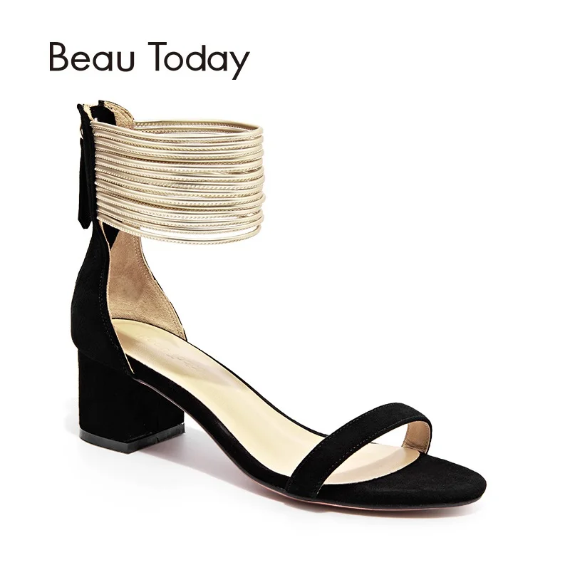 

BeauToday Sandals Women Sheepskin Suede Summer Shoes Cover Heel Zipper Rome Style Ankle Strap Female Sandal Handmade 32012