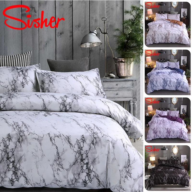 Sisher Modern Marble Print Bedding Set White Black Duvet Cover