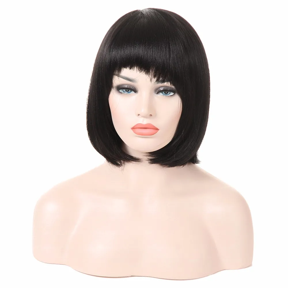 Feibin короткие парики с челкой для женщин синтетические черные прямые волосы на всю голову 12 дюймов - Цвет: #2