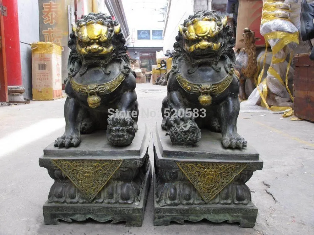 

Chinese Copper Gilt Palace Door Evil FengShui Evil Fu Foo Dog Bei Jing lion Pair