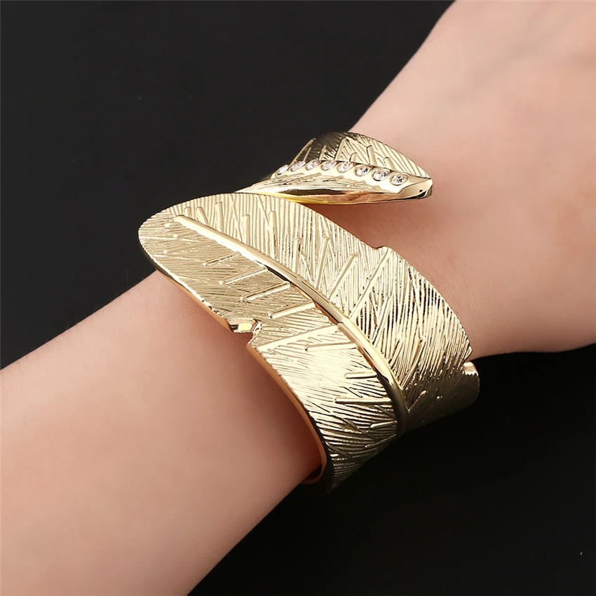 2017 New Bohemia bangles gold leaves open screw bracelet wide cuff