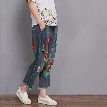 

Flowers printing hole denim jeans 2019 new plus size elastic waist woman's pants fashion casual style waist lace up jeans gx169