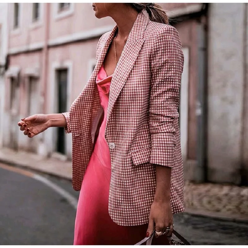 

Pink Plaid Blazer Women 2019 Spring Autumn Casual Long Sleeve Lined Office Lady Long Suit Jacket Fashion Outwear Femme Blazer