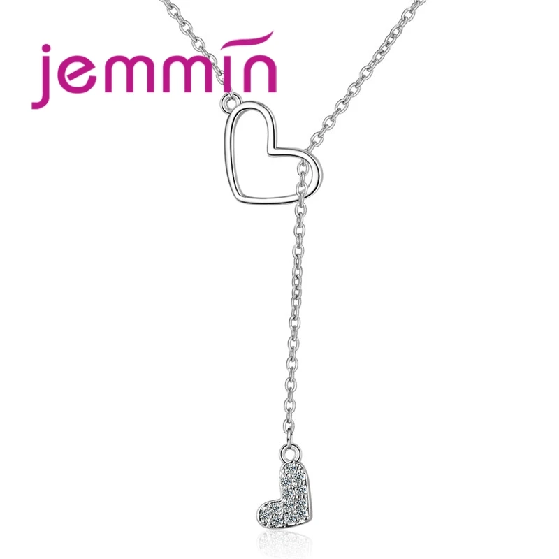 

925 Sterling Silver Europe Fashion Jewelry Ultimate Simple Metal Double Heart Long Female Clavicle Necklaces Pendants