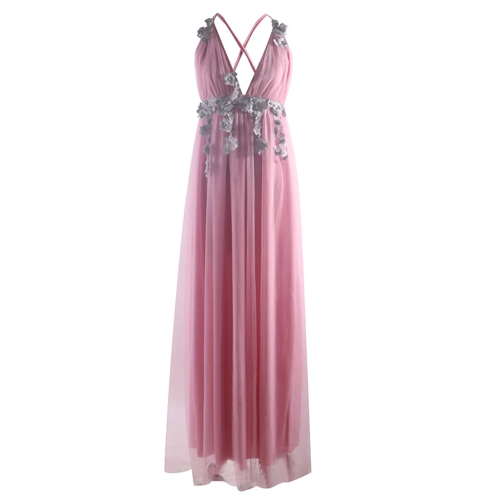 

Women's Spring Dress Pink Sling Cross Wedding V-Neck Elegant Party Evening Slim Hollow Lace Dress l19129
