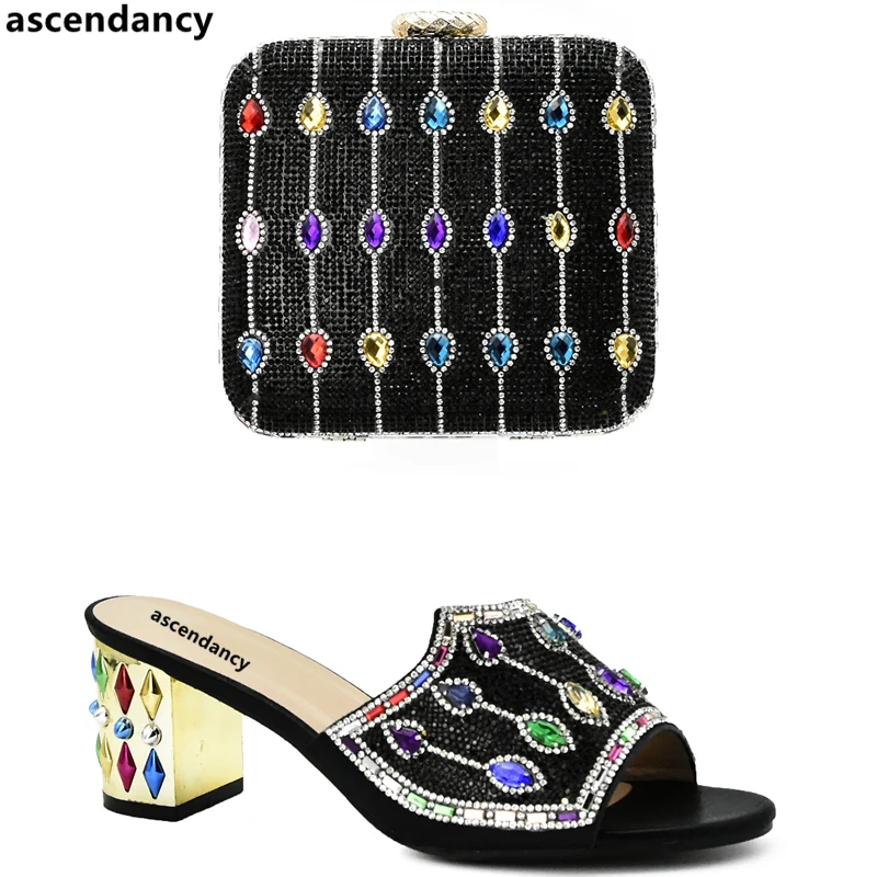 

New Black Color Italian Shoes with Matching Bags Set Decorated with Rhinestone African Matching Shoes and Bags Italian In Women