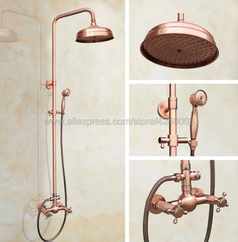 Antique Red Copper Bath 8"Rainfall Shower Faucet Mixer Tap Dual Handles