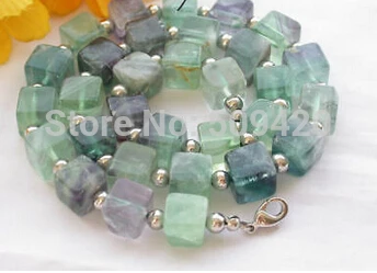 

Free Shipping Wholesale>Nature 17" 12mm cube green Fluorite stone bead necklace #@