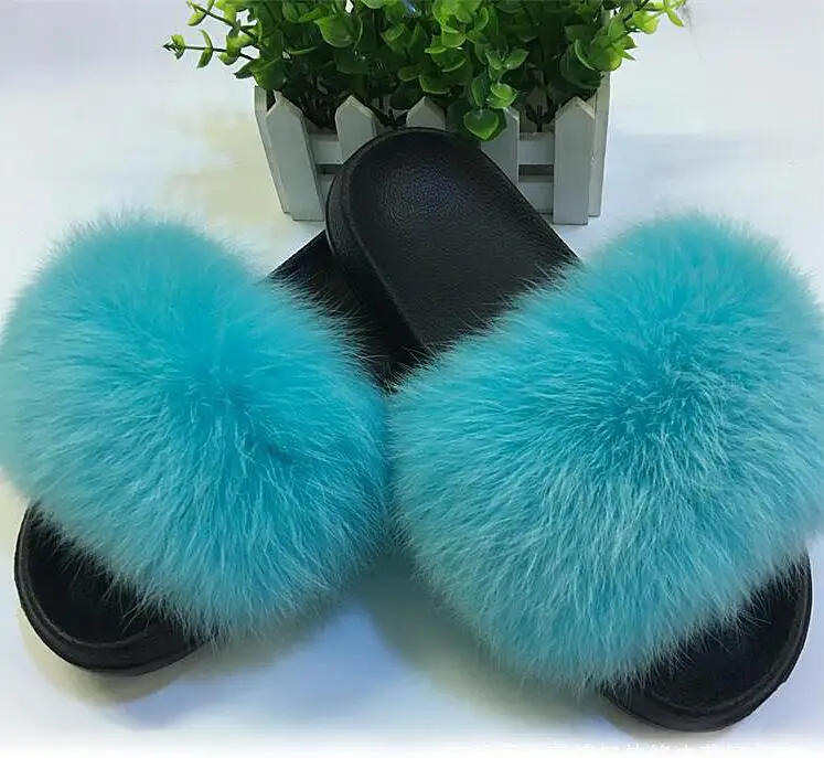 Lake Blue Женские летние шлепанцы с натуральным лисьим мехом; женские нескользящие тапочки с пушистым мехом; женские меховые тапочки; милые женские плюшевые шлепанцы с лисьим мехом; Лидер продаж - Цвет: Lake Blue