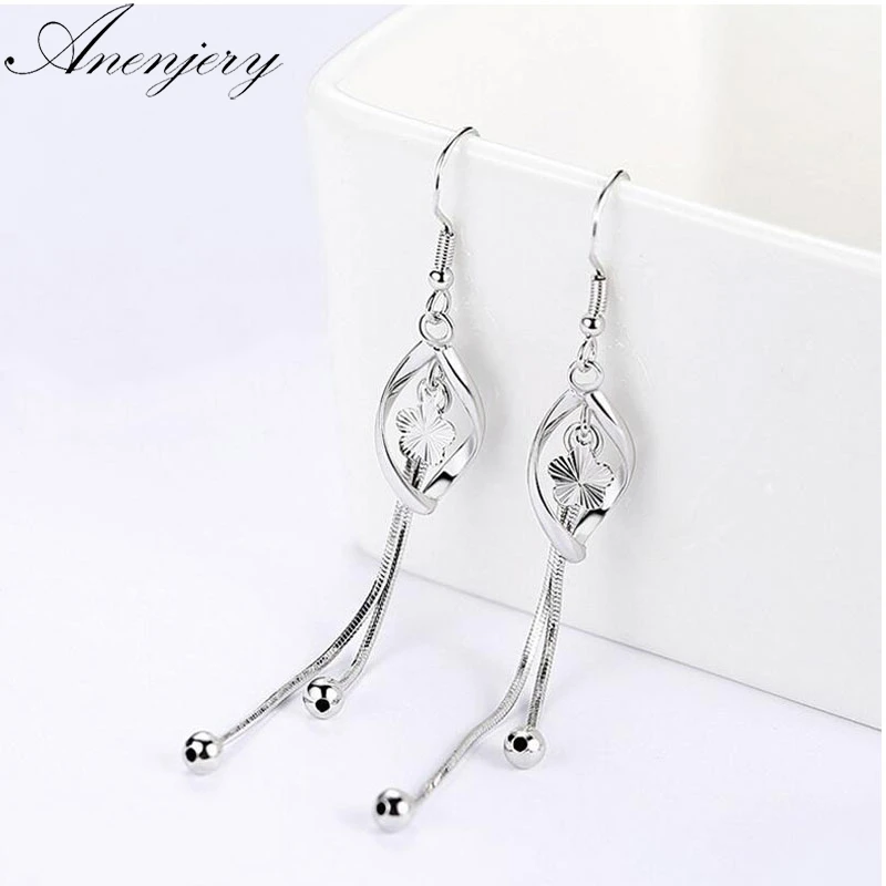 

Anenjery 925 Sterling Silver Drop Earrings For Women Plum Flowers Pearl Twist Tassel Earrings oorbellen brincos S-E413