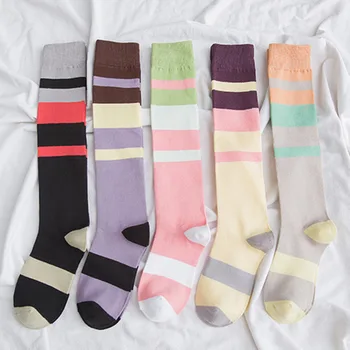 

PEONFLY Striped Rainbow Fashion Stitching Knee High Happy Women Socks Funny Colorful Soft Ventilation Casual Cotton Socks Autumn