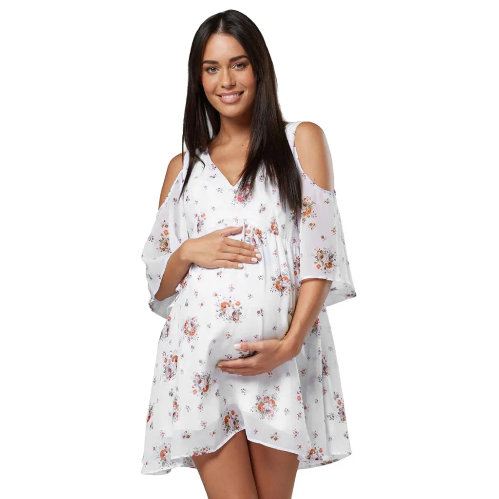 

Hot Sale Women's Maternity Beach Sundress Breastfeeding Cut Out Shoulders Floral Dress vetements femme enceinte #BY30