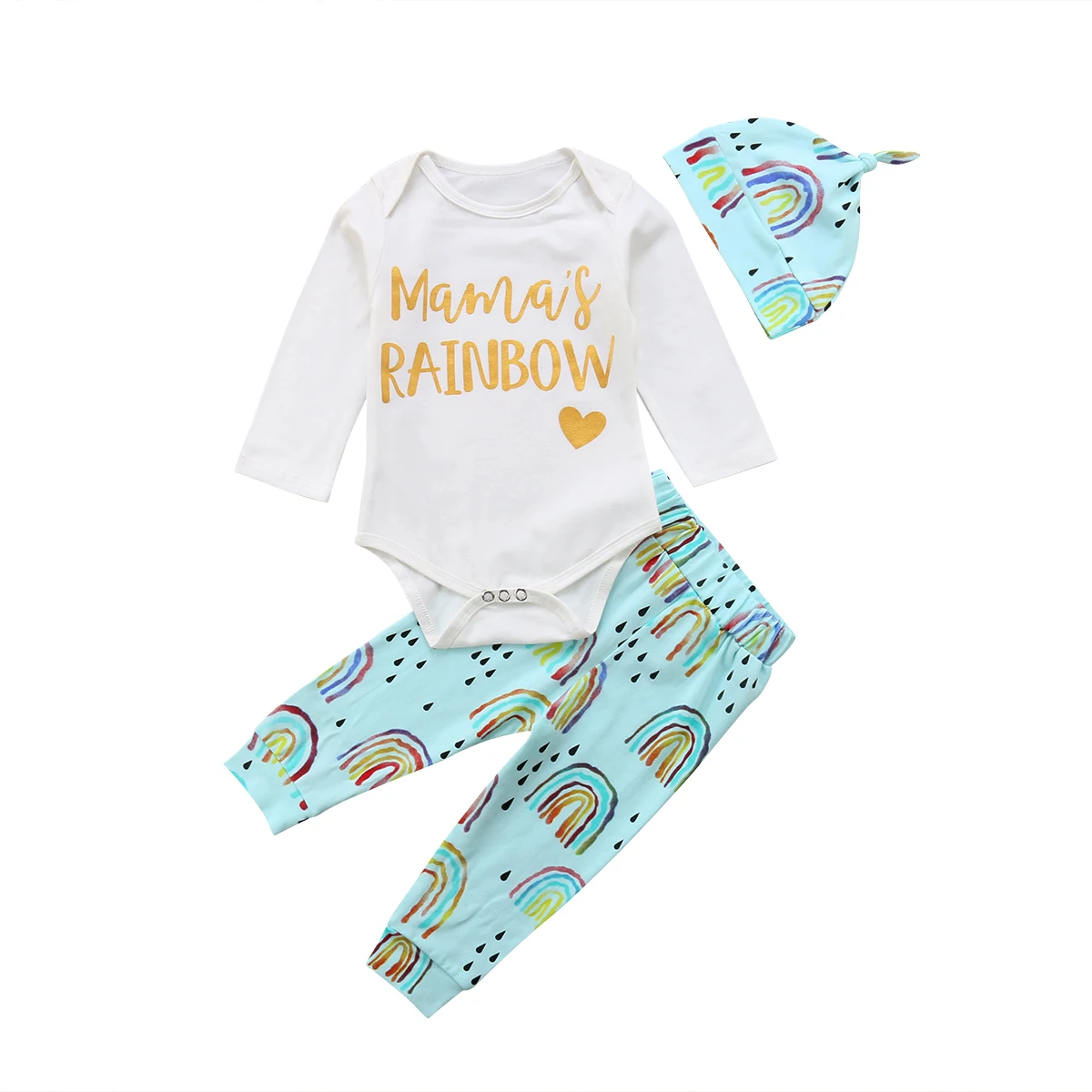 2018 Canis Infant Kids Baby Girls Boys Long Sleeve Mama Rainbow Romper Pants Hats Outfit Autumn Set Clothes | Детская одежда и