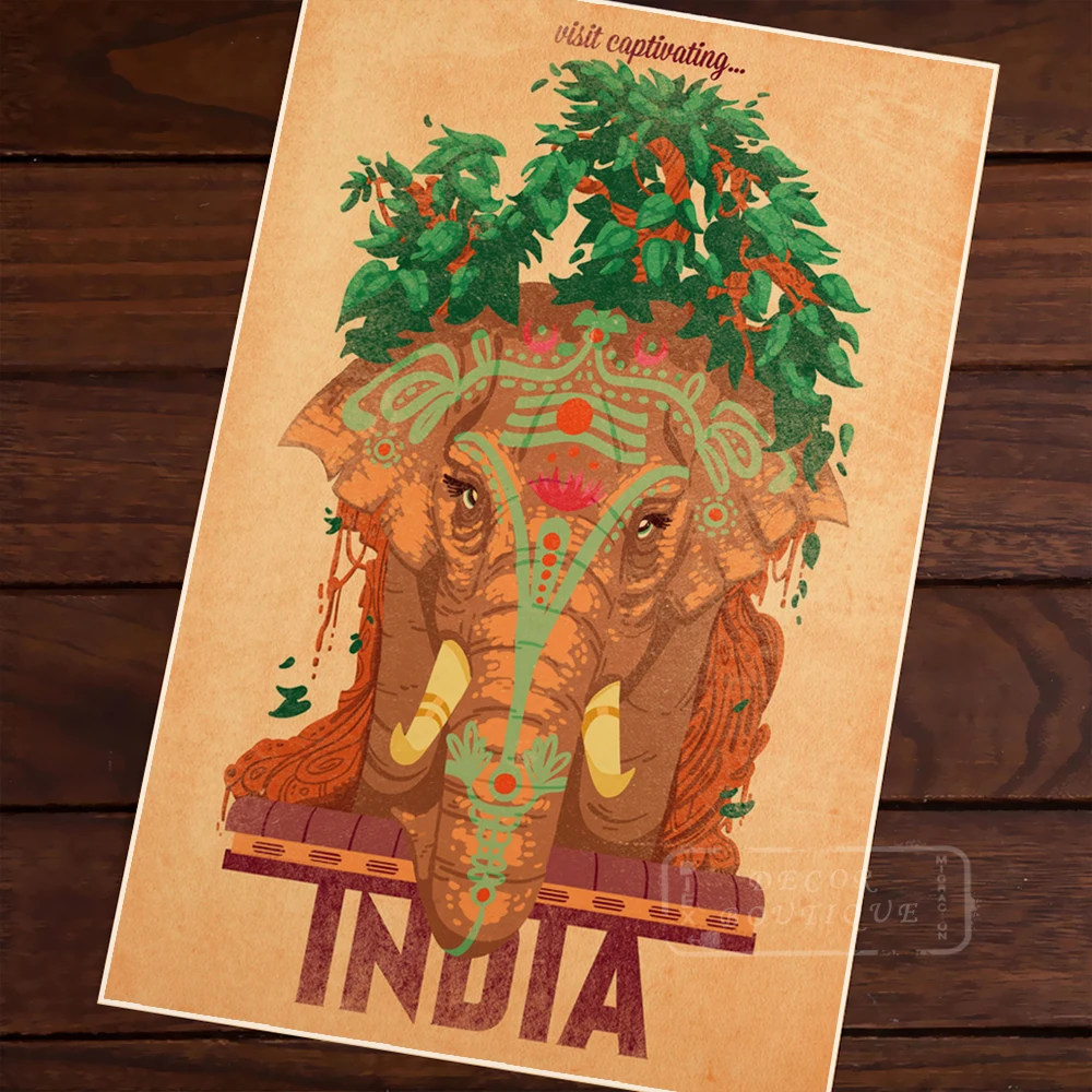

Indian Elephant Cuture Travel Landscape Vintage Retro Poster Decorative Wall Canvas Stickers Posters Bar Home Decor Gift