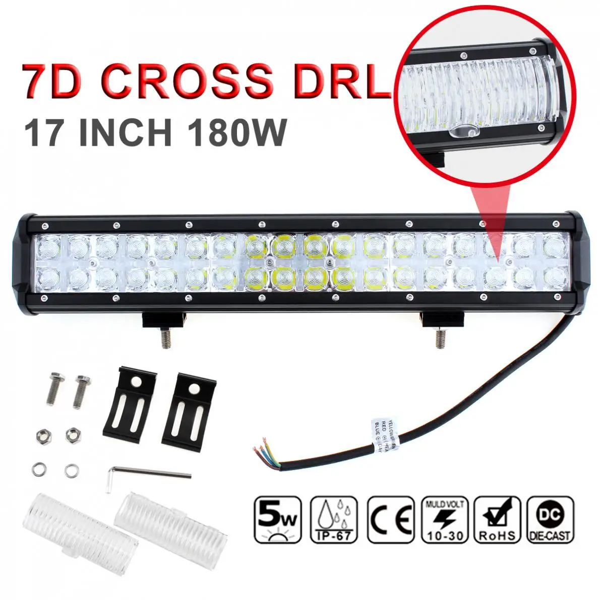

7D Cross DRL 17 Inch 180W LED Car Work Light Bar 36 LED Beam Combo Led Driving Light Offroad Worklight for SUV Truck ATV
