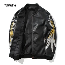 Tsingyi Вышивка перо Крылья мотоциклетная мужская куртка из ПУ-кожзаменителя стоячий воротник Мото куртка кожаная мужская Veste Cuir Homme Пальто