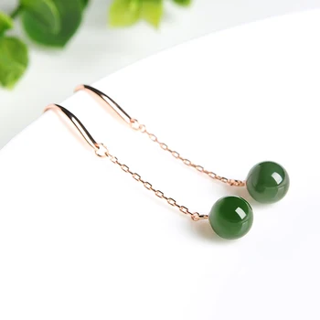 

925 silver inlaid natural jasper beads Earrings Fashion women and Hetian jade long earrings jade Round beads Earrings