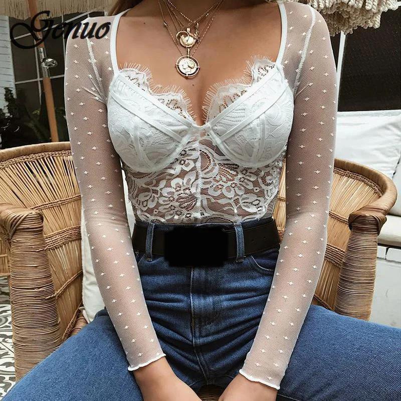 

Genuo New Hot Sale mesh lace bodysuit women body suit transparent sexy long sleeve catsuit jumpsuit 2019 bralette bodysuits