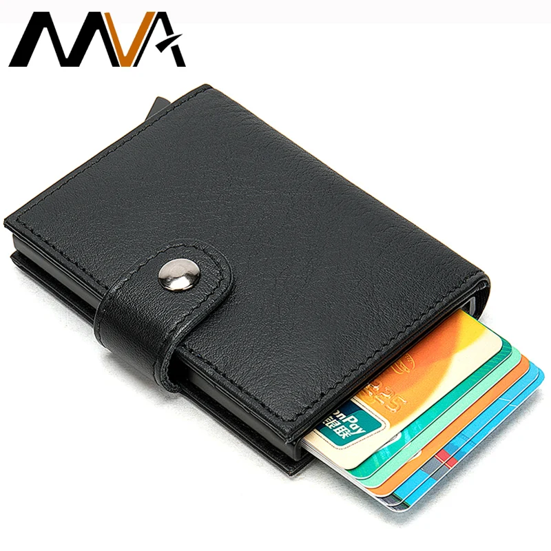 

Genuine Leather Mens Aluminum Wallets Mini Slim Metal Wallet Automatic Pop up Credit Card Holder Antitheft RFID Blocking Wallets