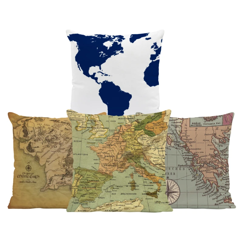 Vintage Colorful World Map Pattern Cushion Cover Polyester Peach  Pillow Case 