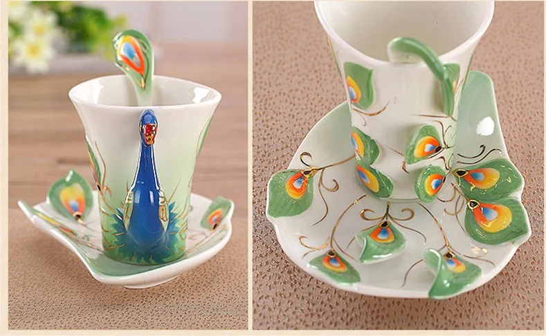 1 шт. кофейная чашка Павлин керамические креативные кружки костяного фарфора 3D цветная эмалированная фарфоровая чашка с блюдцем и чайная и кофейная ложка наборы