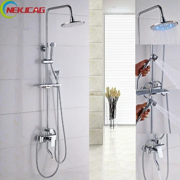 

LED Rainfall Chrome Finish Shower Faucet Set Brass Hand Shower Bidet with Mixer Tap Wall Mounted Shower Set with Storage