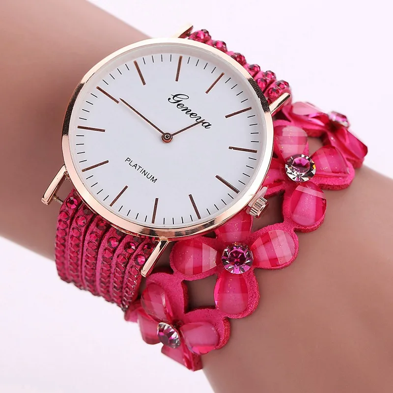 Модные часы Geneva с цветами, женские элегантные кварцевые часы-браслет, женские наручные часы с кристаллами и бриллиантами, подарок, Reloj Mujer - Цвет: Розовый