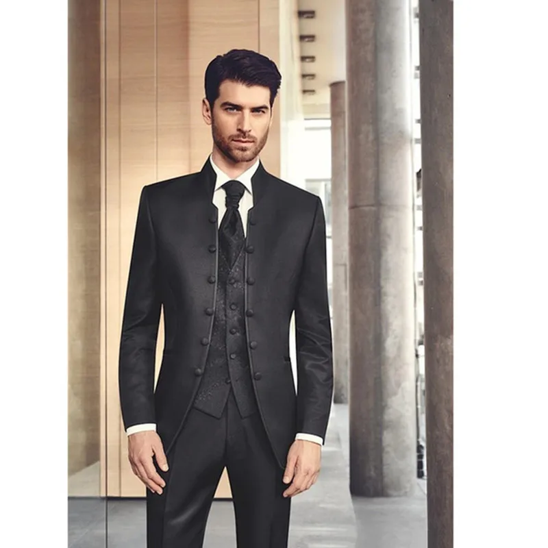 

2019 Black Stand Collar Slim Fit Tuxedos For Men 3 Piece Men Wedding Prom Dinner Suits Best Man Groomsman Groom Suit Custom Made