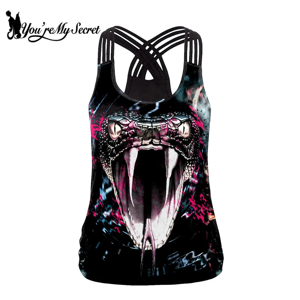 

[You're My Secret] Cobra 3D Printing Tank Tops For Women Sexy Backless Streetwear Vest Summer Elastic Sling Top Round Neck Tops